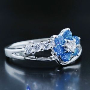 925 Sterling Silver Blue Fire Opal CZ Flower Ring